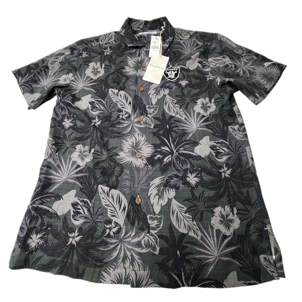 Tommy Bahama Football Raiders Silk Hawaiian Shirt Mens XL Gray Palm Tree Camp